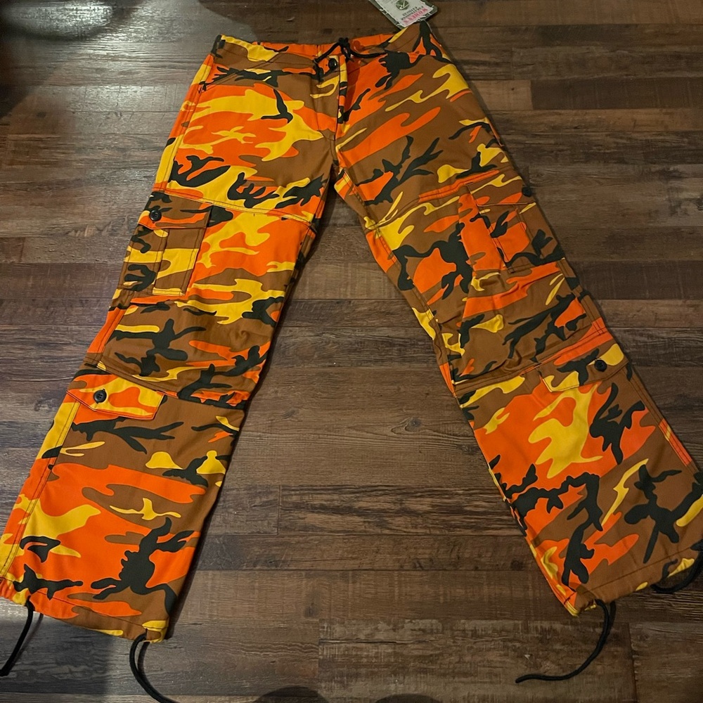 Camouflage Drawstring Cargo Pants in Orange and Brown